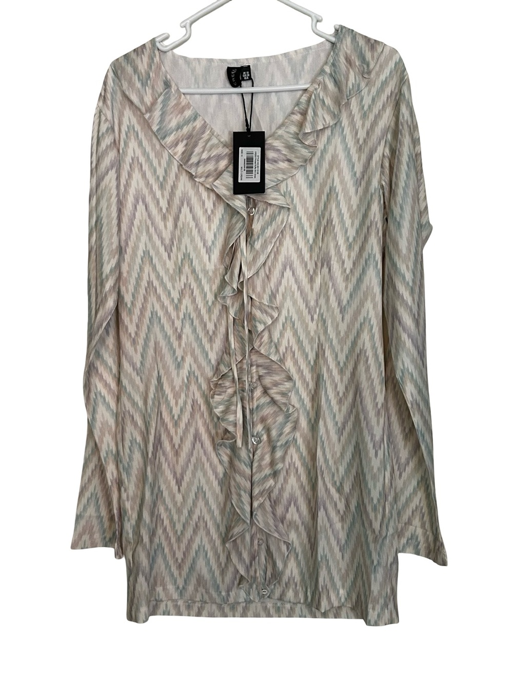 Ruffle-Front Chevron Mini Dress - Beige Multi